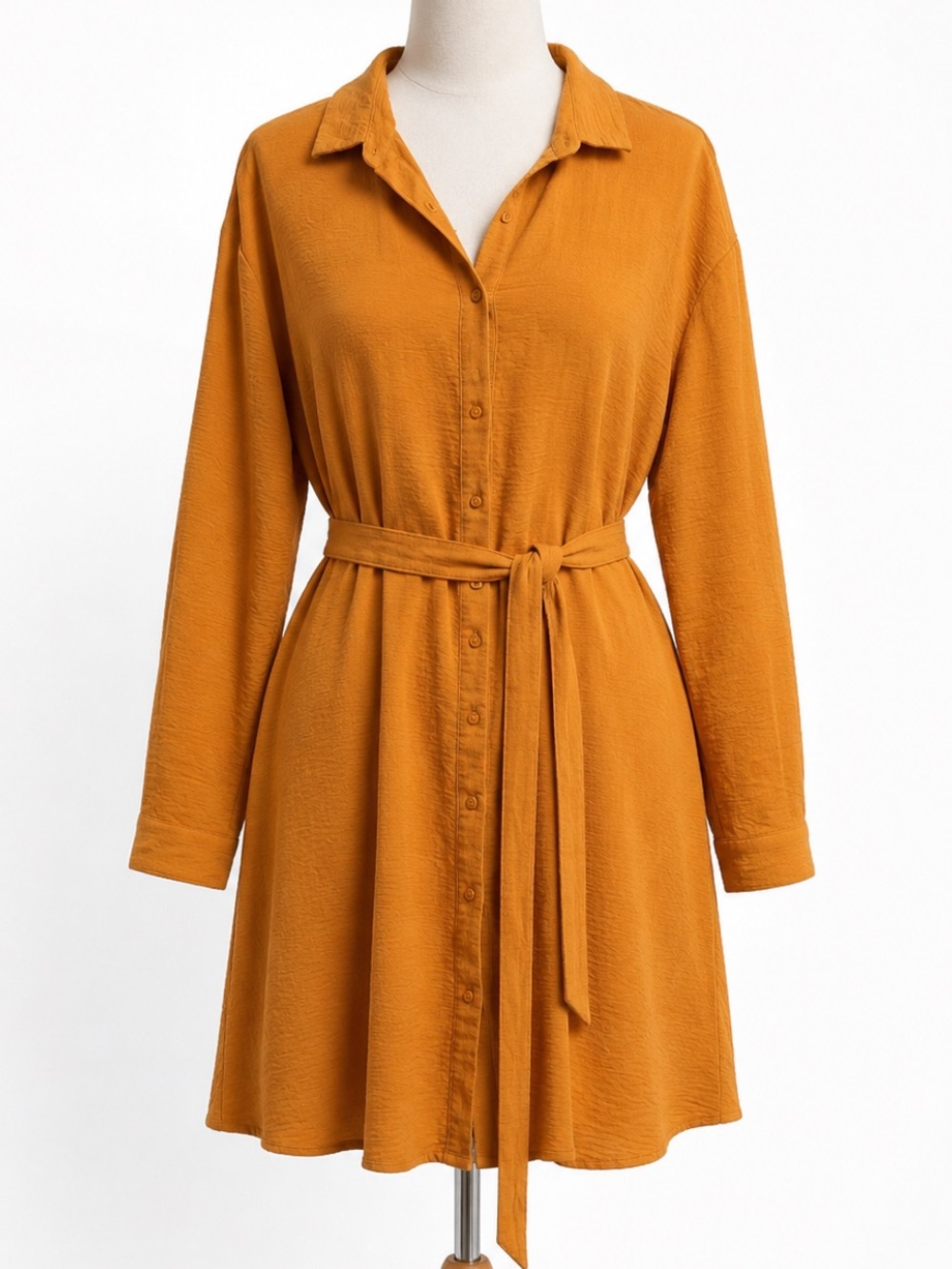 Como Blu Mustard Yellow Gold Brocade Polyester Shirt Dress With Belt Tie XL